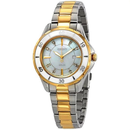 Seiko sut338 solar two tone diamond accent mother of pearl dial women's watch