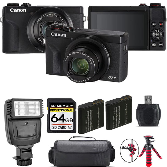 Canon powershot g7 x mark iii digital camera (black) + extra battery + flash - 64gb kit