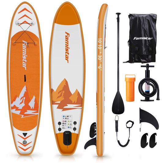 Famistar 10' inflatable stand up paddle board (6"thick) with sup/ 3 pins | wide stance, bottom fin for paddling, surf control, non-slip deck |youth & adult standing boat-orange