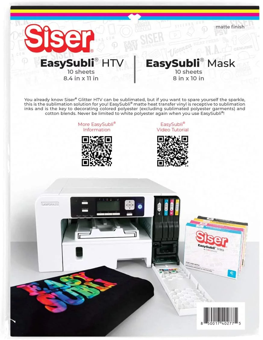 Siser easysubli htv - printable sublimation heat transfer vinyl - 10 sheets of easysubli (8.4"x11") and 10 sheets of easysubli mask (8"x10")