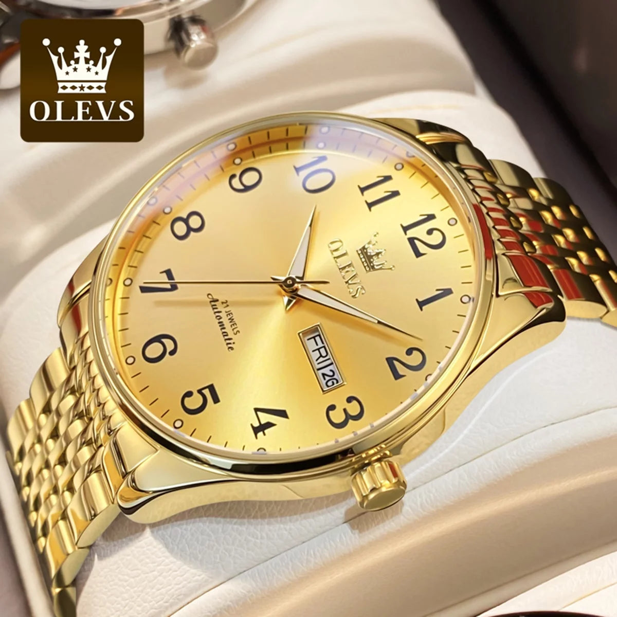 Olevs gold watch for men self winding large face arabic numerals dial easy reader waterproof reloj para hombre, gifts for men, male adult wristwatch