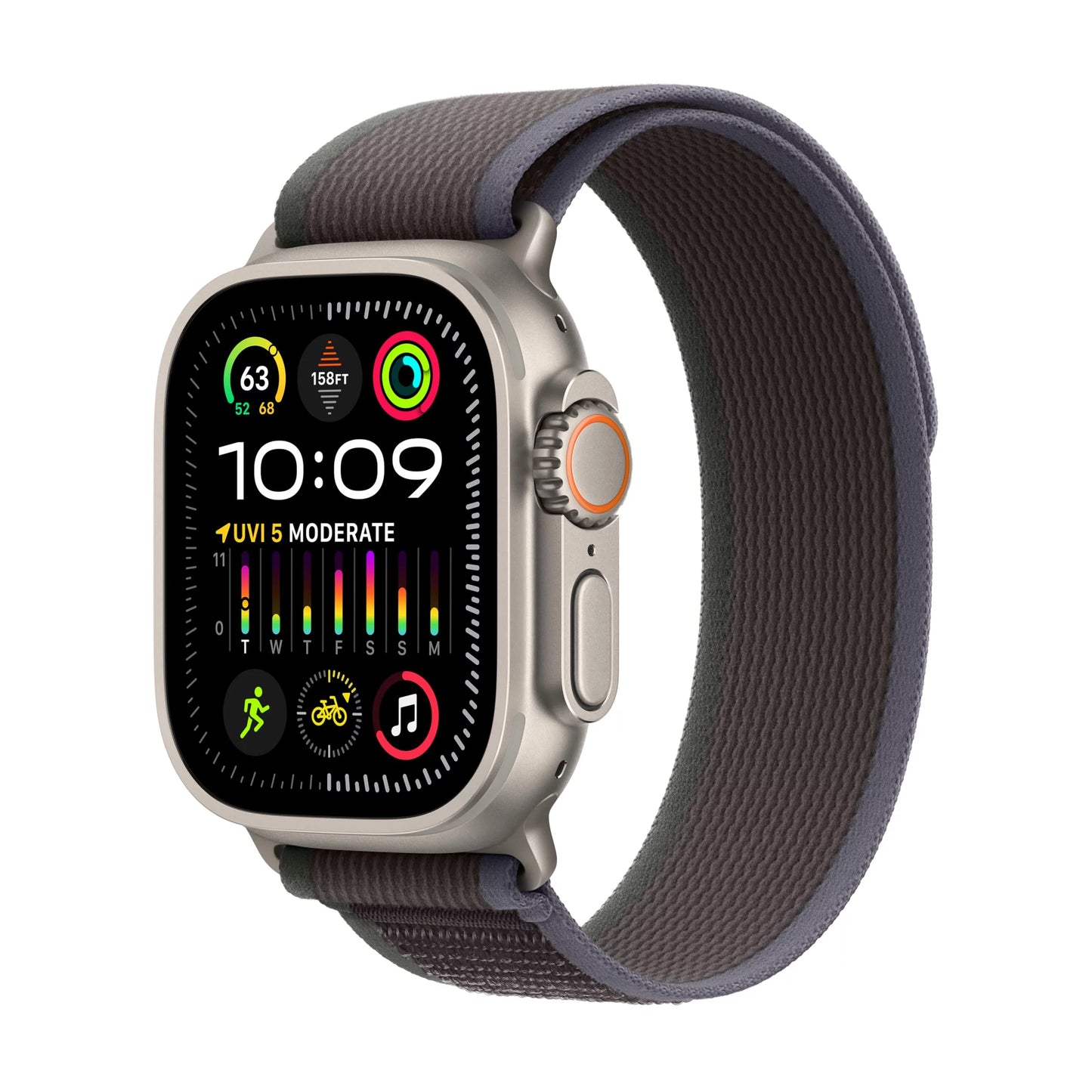 Apple watch ultra 2 - 49 mm - titanium - smart watch with trail loop - nylon weave - blue/black - band size: m/l - 64 gb - wi-fi, lte, uwb, bluetooth - 4g - 2.17 oz