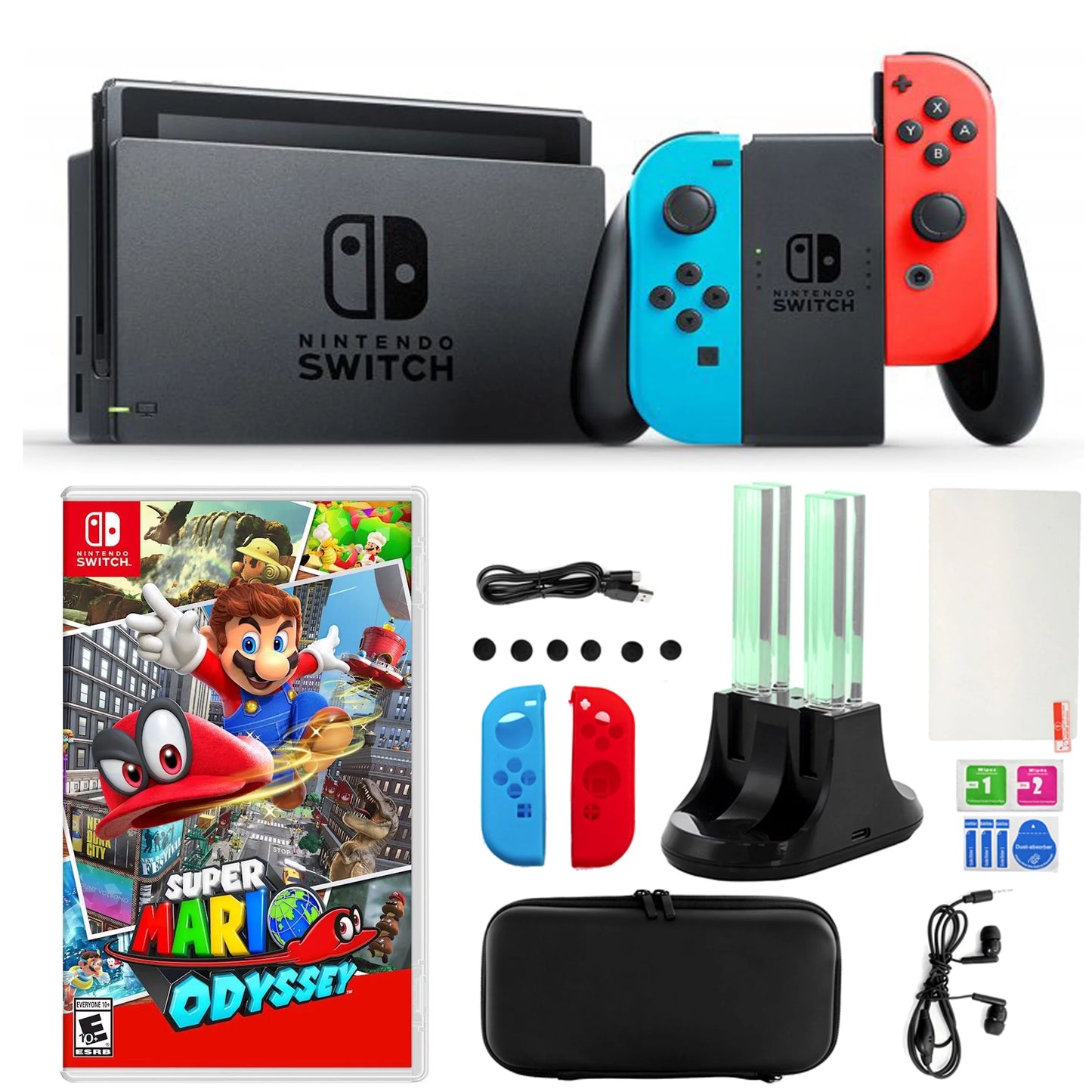 Nintendo switch in neon with mario party and 14 in 1 accessories kit