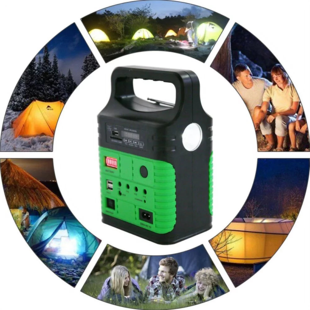 Portable power station and solar generator with 10w solar panel, flashlights, camp lamps with battery usb charger back-up electric system home emergency power outdoor