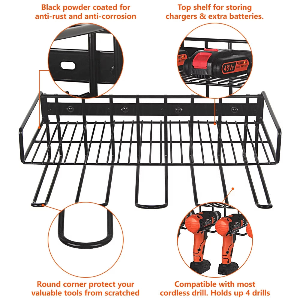 Power tool organizer, wall mounted drill storage rack for handheld & power tools, heavy duty compact steel power tool holder