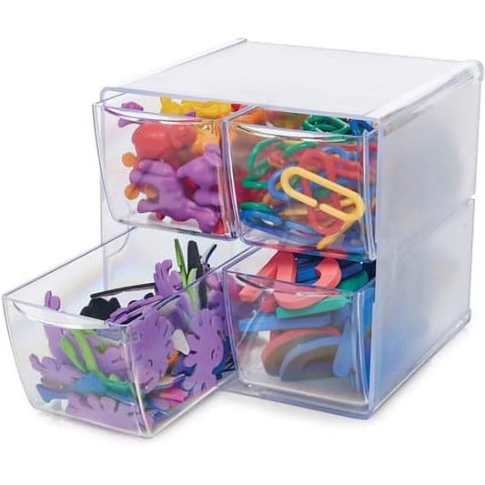 Deflecto-1pk stackable cube organizer, 4 compartments, 4 drawers, plastic, 6 x 7.2 x 6, clear