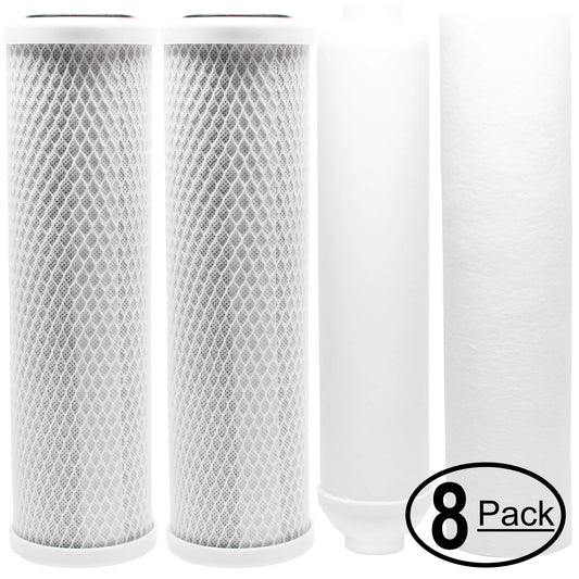 8-pack replacement for filter kit for aquasky ro 50 gpd under sink filters ro system - includes carbon block filters, pp sediment filter & inline filter cartridge - denali pure brand