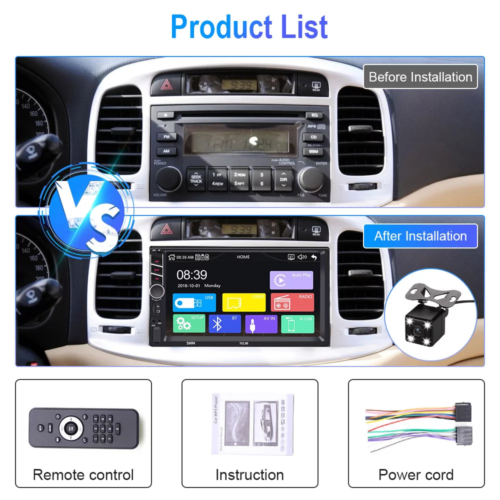 Podofo 2 din car stereo with apple d-play 7 inch touch screen car mp5 player car radio bluetooth usb with 4 led rear view camera