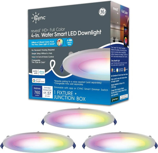 Ygdu cync reveal hd+ wafer smart led downlight fixture, full color changing lights, and led lights, 13 watts, works with amazon alexa and , 4 inches (3 pack)