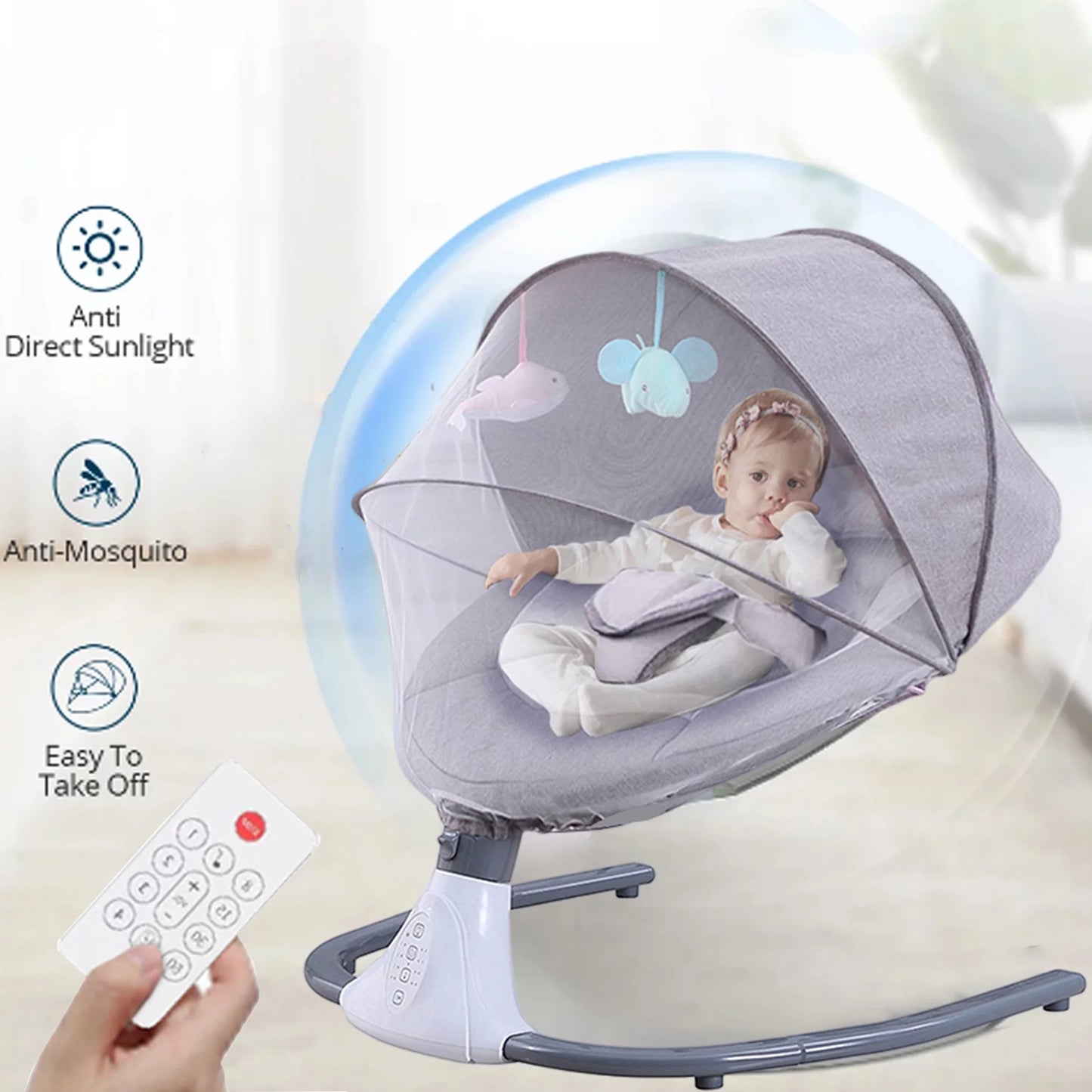 Electric baby swing portable swing chair infant swing seat with 4 speeds and remote control, gray