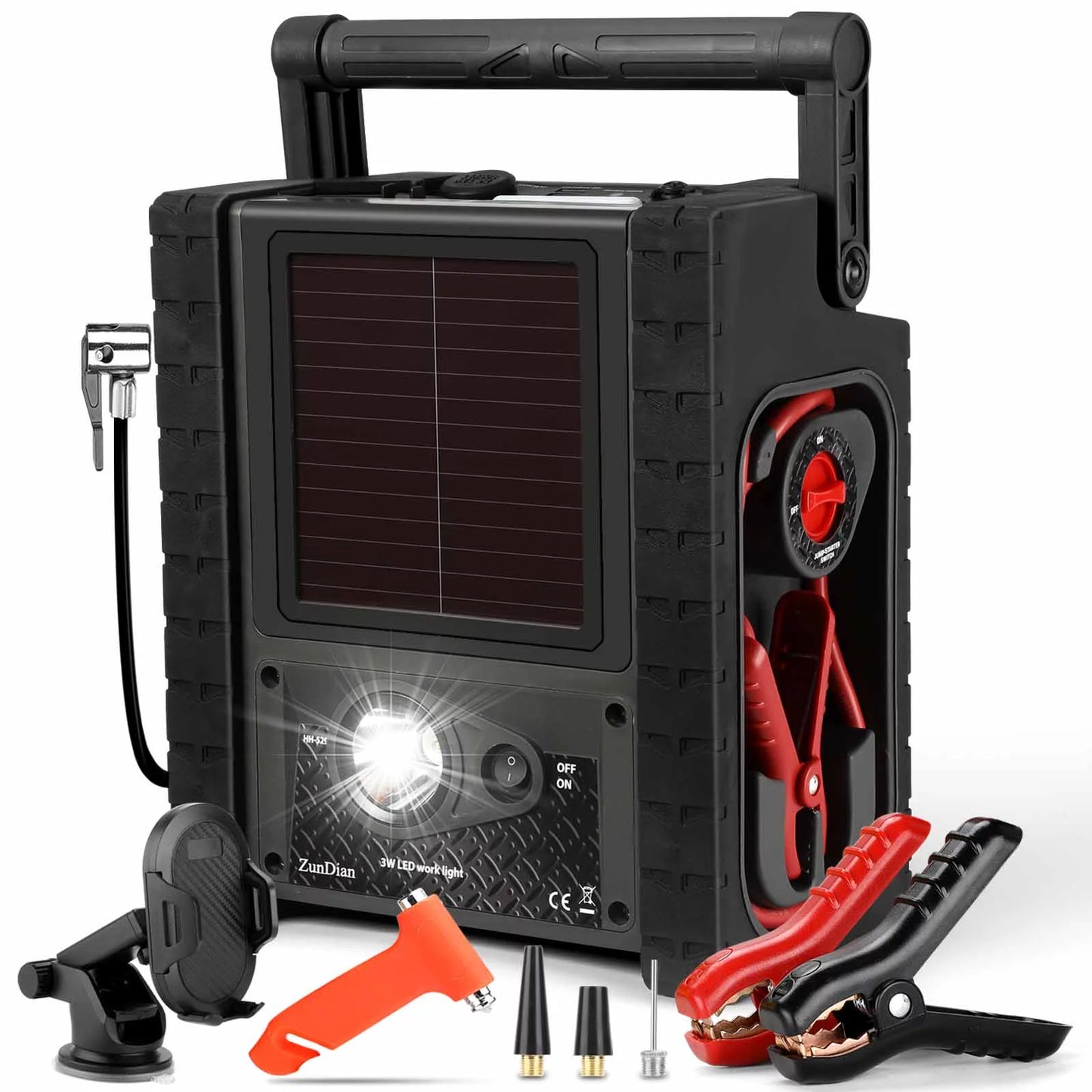 Zundian solar portable power station 2000 amps jump starter, 260 psi air compressor, 12v car battery charger with 400w inverter dual ac/dc/usb output, emergency backup power