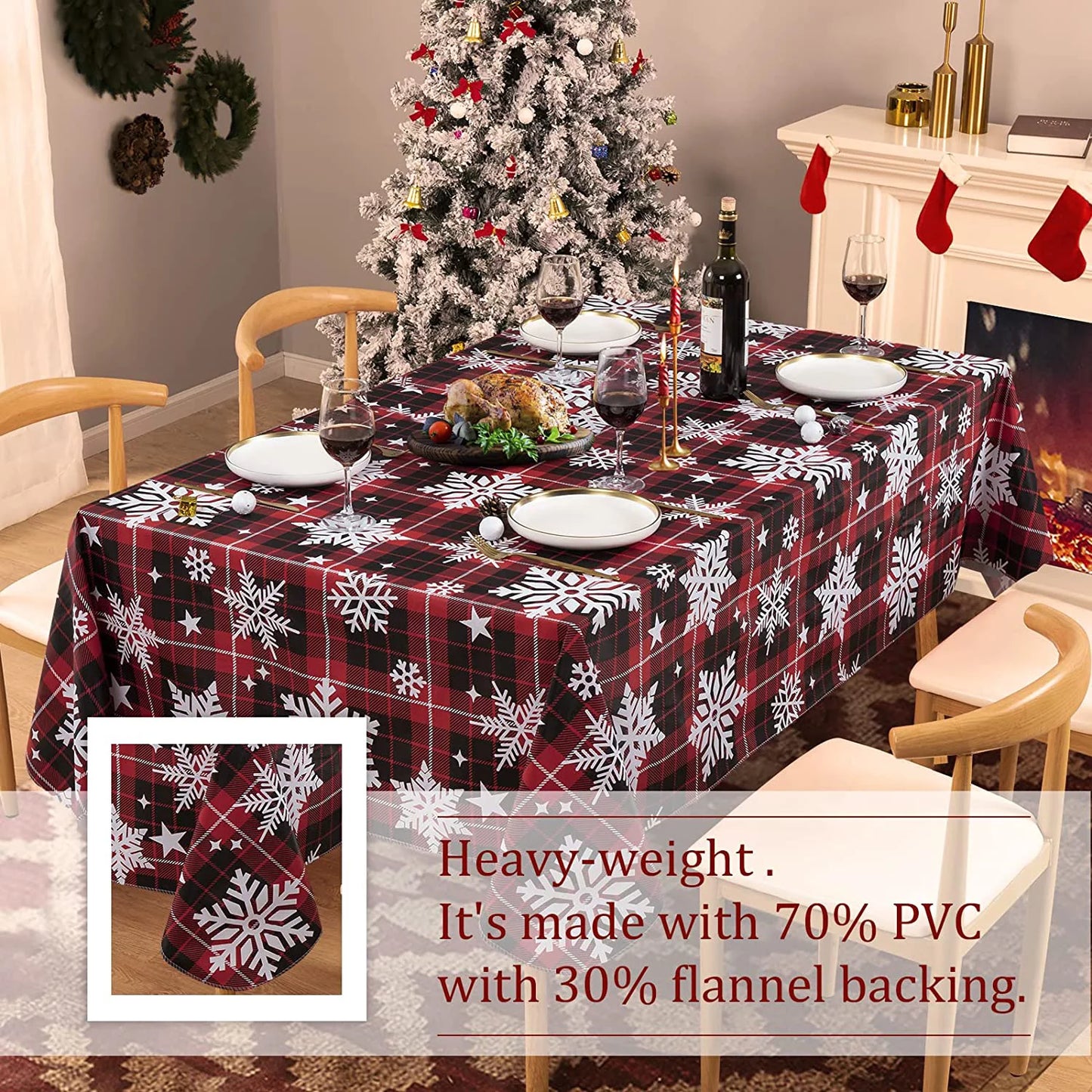 Umineux christmas tablecloth with flannel backing, waterproof wipeable vinyl rectangle table cover for xmas parties/wedding/holiday/decoration use - heavy duty table cover(60x102 inch, snowflake)