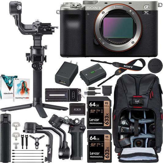 Sony a7c mirrorless full frame camera interchangeable lens body only silver ilce7c/s filmmaker's kit with dji rsc 2 gimbal 3-axis handheld stabilizer bundle + deco photo backpack + software