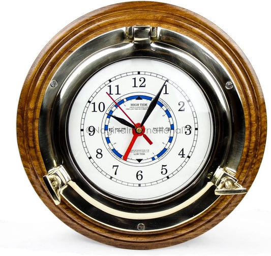 Nagina international 10" premium wooden based nautical brass ship's porthole time's quartz clock | pirate home decorative wall hanging