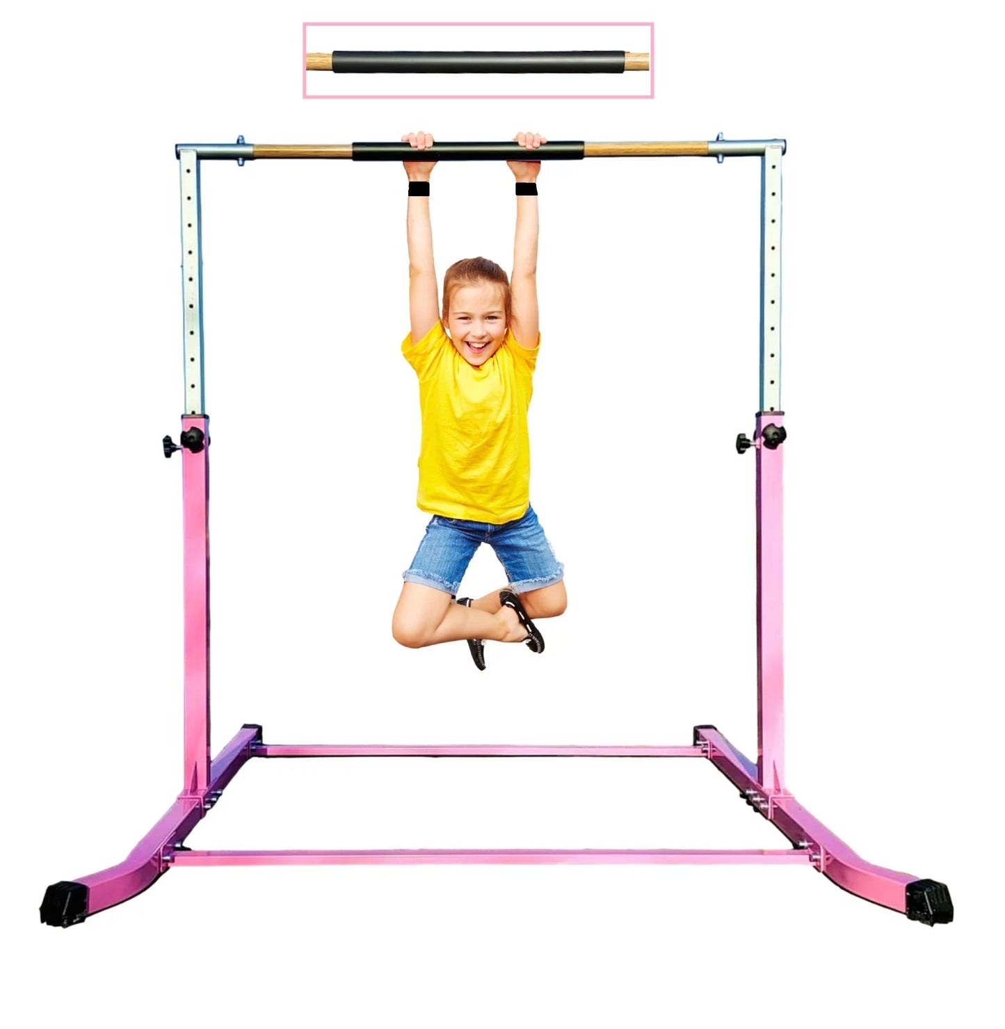 Pro-gymnastics expandable gymnastics kip bar horizontal bar junior gymnastic training high bar asymmetric bar 13 level height adjustable 3 to 5 ft cushioned bar & curved legs (pink)