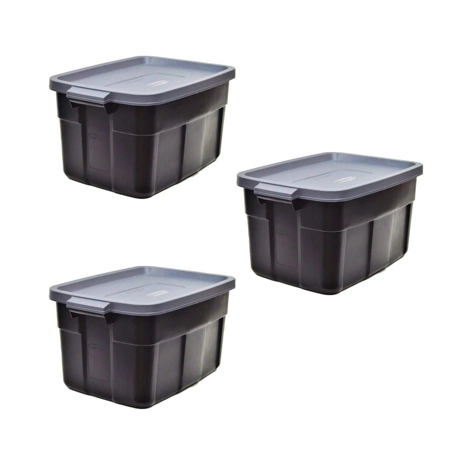 Rubbermaid roughneck tote 31 gallon stackable storage container with stay tight lid & easy carry handles, black/cool gray (3 pack)