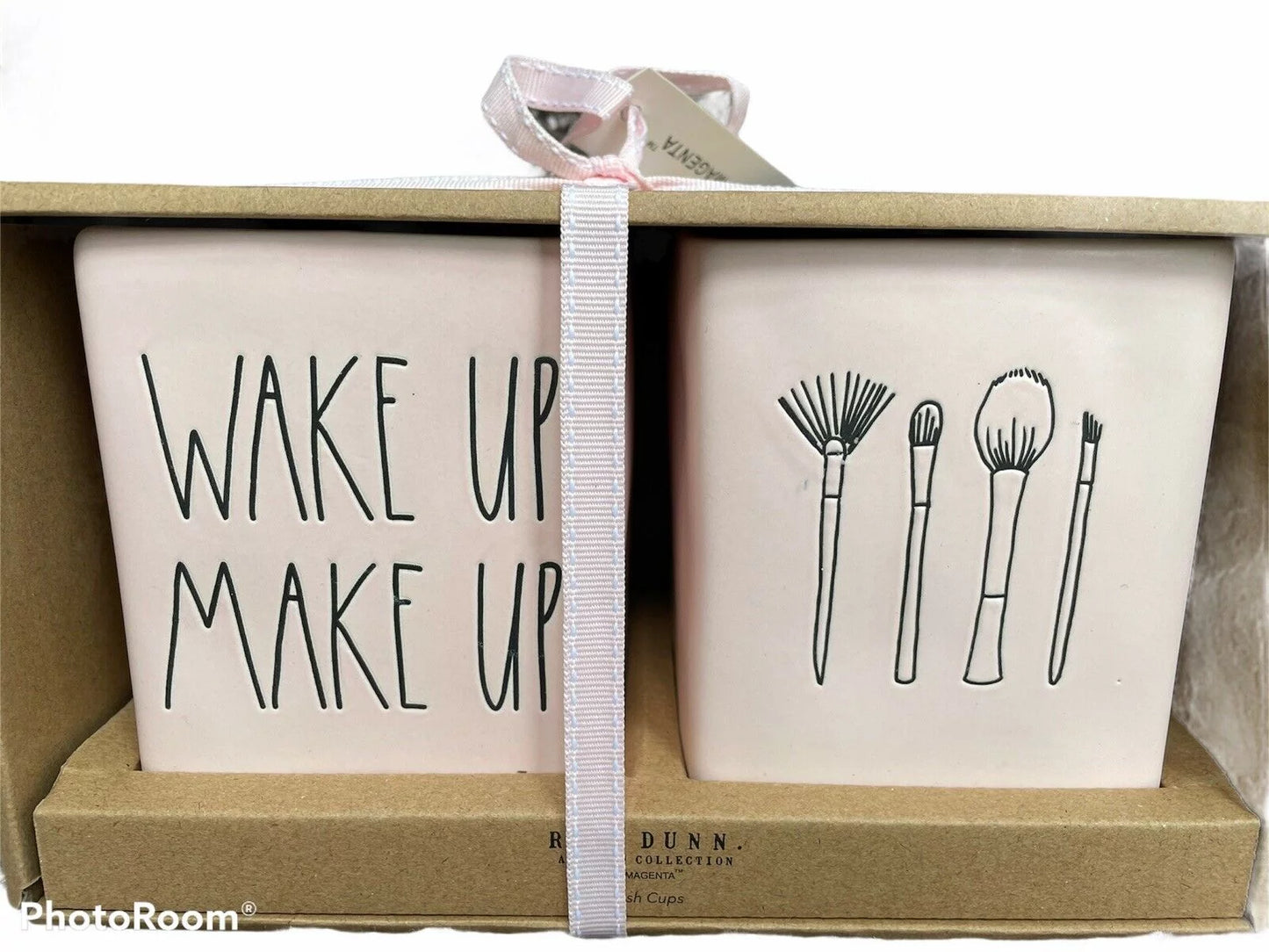 Rae dunn ivory ceramic wake up make up in ll lettering  vanity brush organization