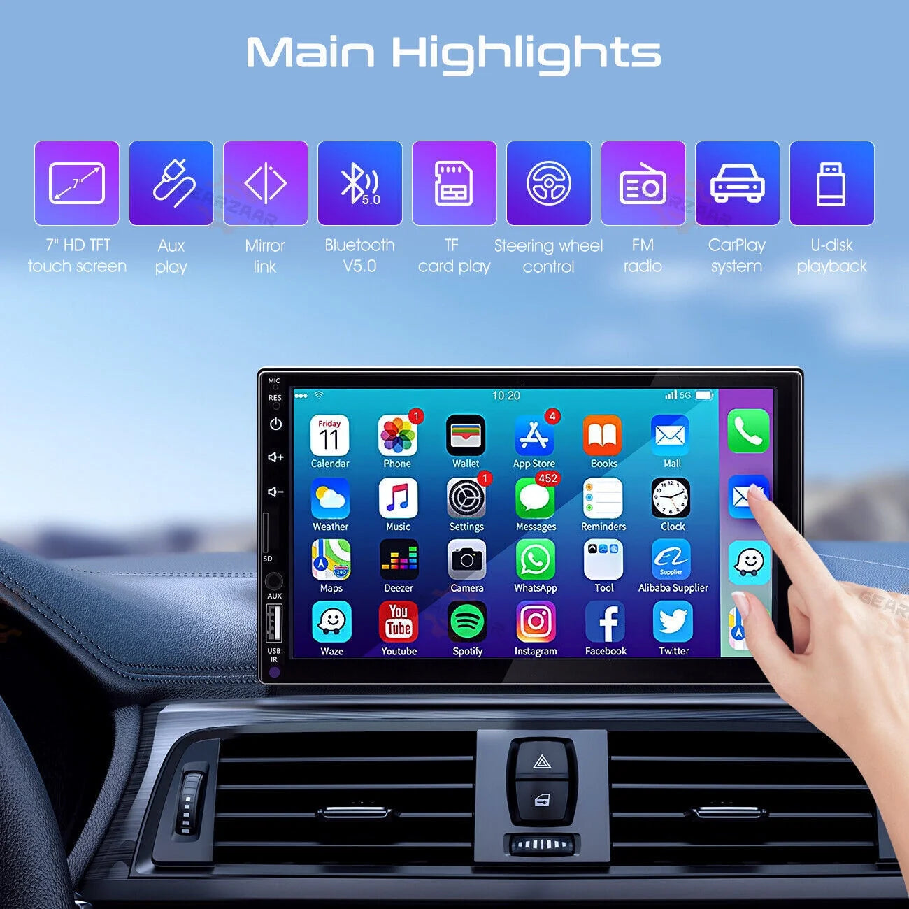 Double 2din 7" car stereo android/apple carplay radio touch screen player + 12led camera