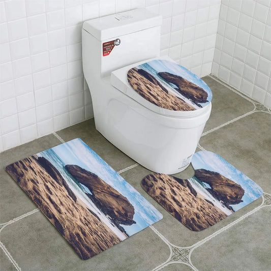 Chaplle penedo do guincho santa cruz beach rock 3 piece bathroom rugs set bath rug contour mat and toilet lid cover