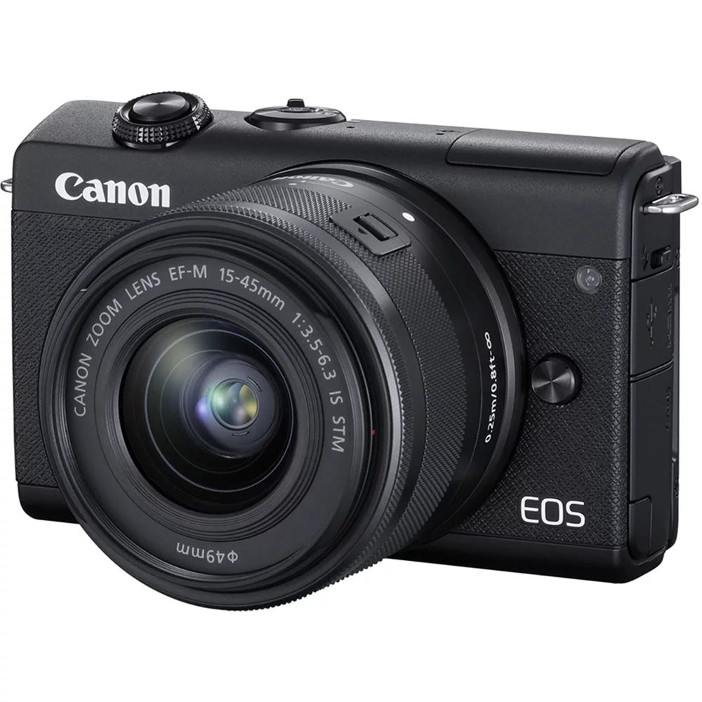 Restored canon eos m200 mirrorless digital camera with 15-45mm lens (black) (3699c009) + 64gb memory card + case + card reader + flex tripod + hand strap + cap keeper + memory wallet + cleaning kit (refurbished)