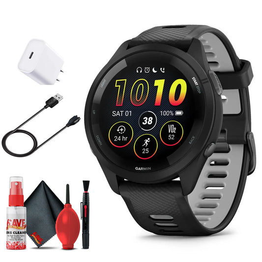 Garmin forerunner 265 smartwatch (black) bundle with usb-c charging cable and adapter, 6ave cleaning kit, and extended protection