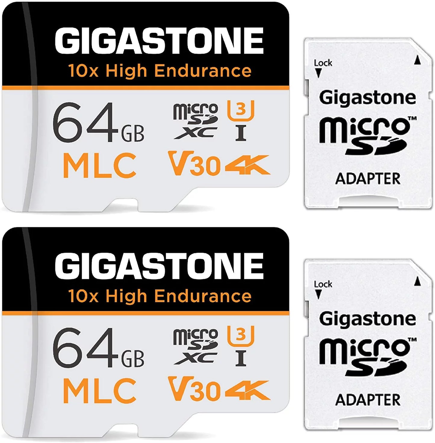 Gigastone 64gb mlc micro sd card, 10x high endurance (mlc) 4k video recording, security cam, dash cam, surveillance compatible 100mb/s, u3 c10, 2 pack (2x64gb)