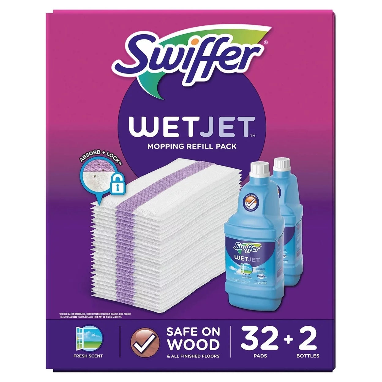 Swiffer wetjet mopping refill pack (32 refill pads + 2-1.25l bottles of cleaner)