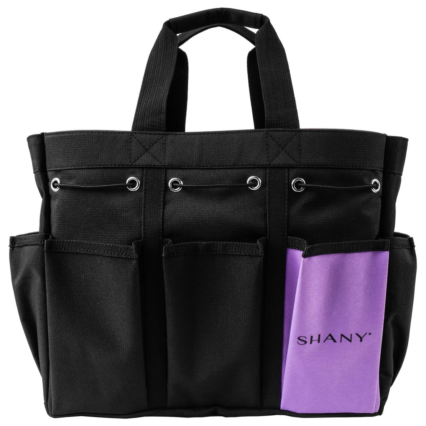 Shany beauty handbag and makeup organizer bag â large two-tone travel tote with 2 handles and 8 external pockets â black canvas