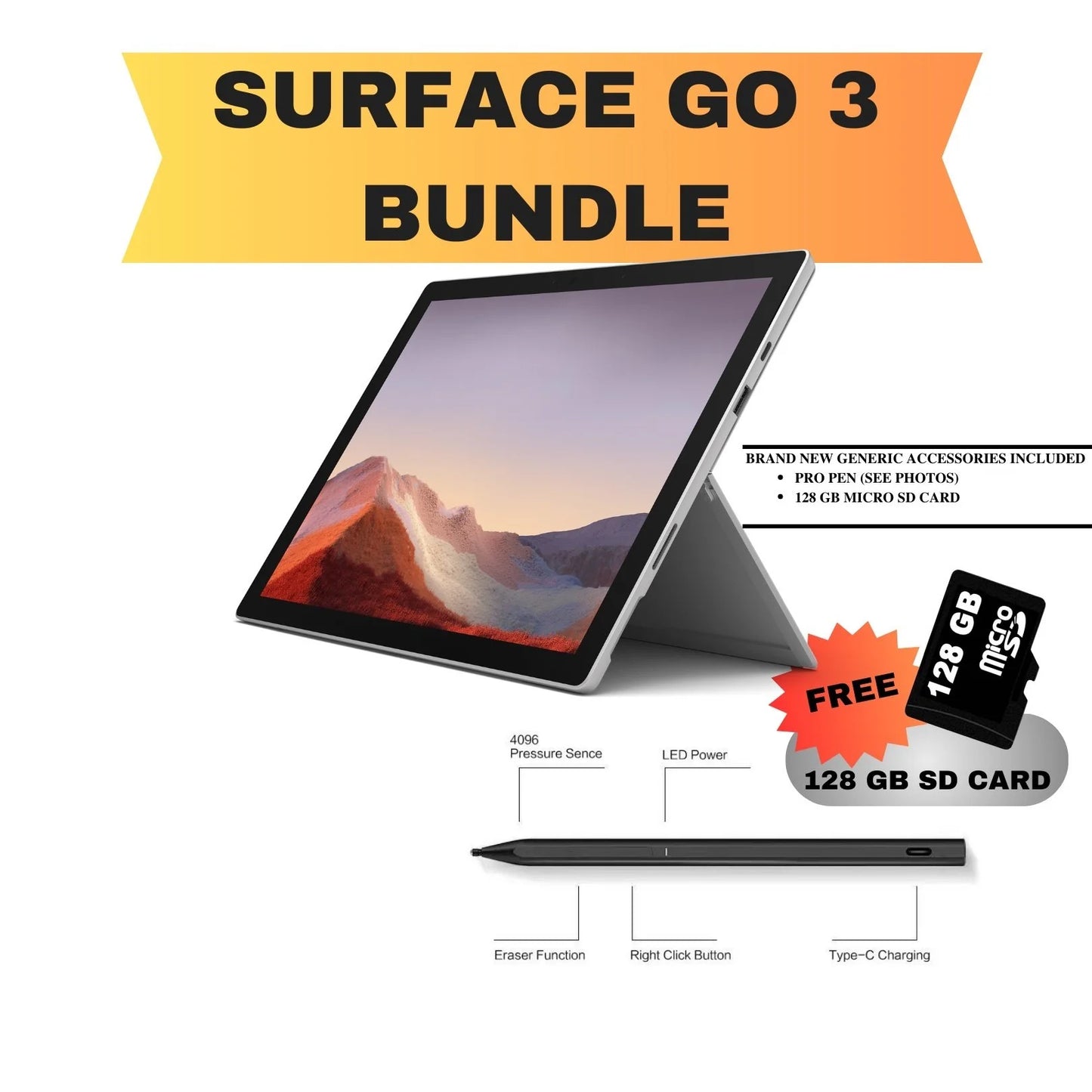 Restored microsoft surface go 3rd. gen - 10.5" intel pentium gold 8gb ram 128gb ssd only wifi bundle pen+micro sd card (refurbished)