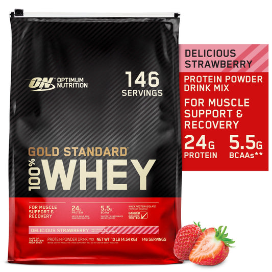 Optimum nutrition, gold standard 100% whey protein powder, delicious strawberry, 10 lb, 146 servings