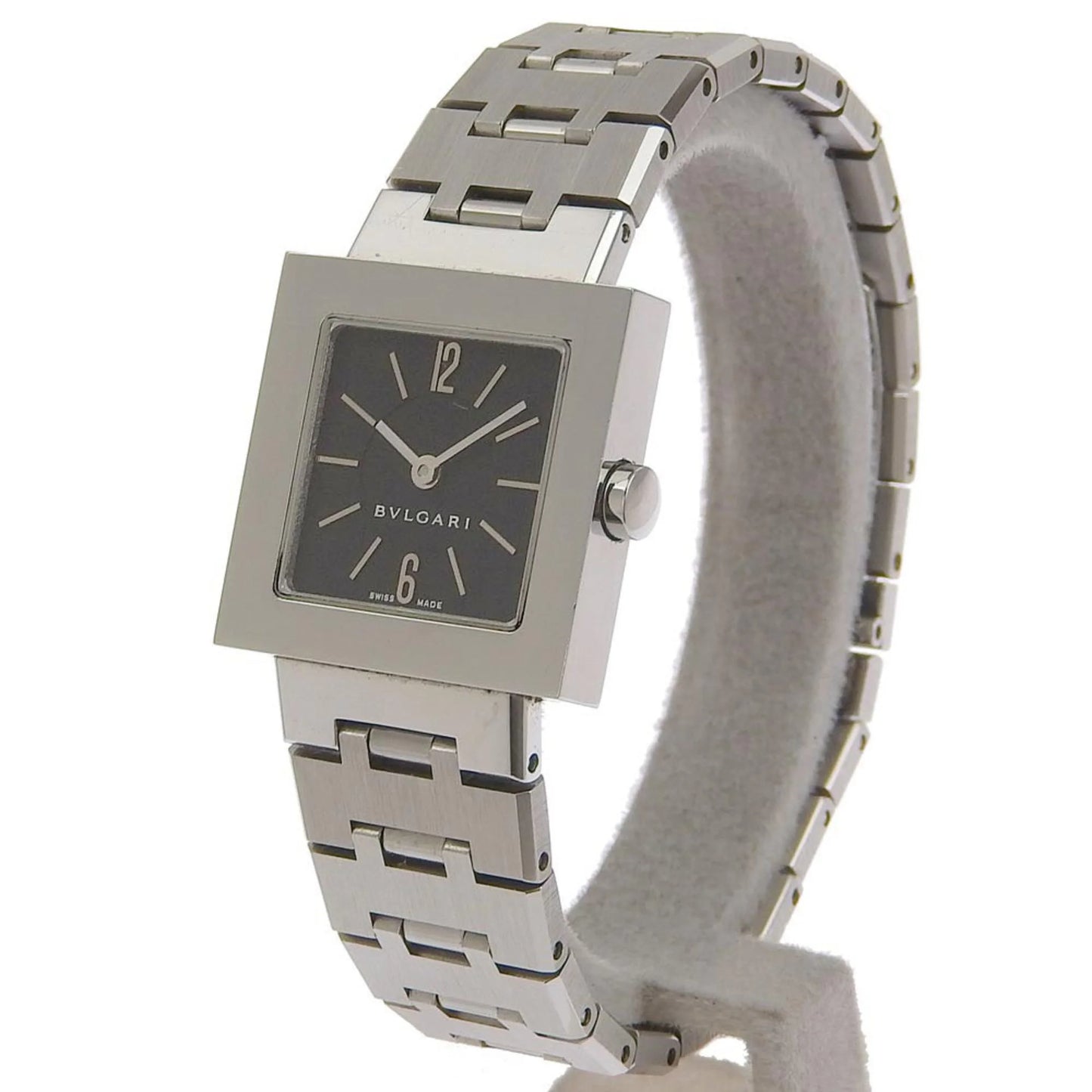 Pre-owned bvlgari bulgari quadrado watch sq22ss stainless steel silver quartz analog display ladies black dial (good)