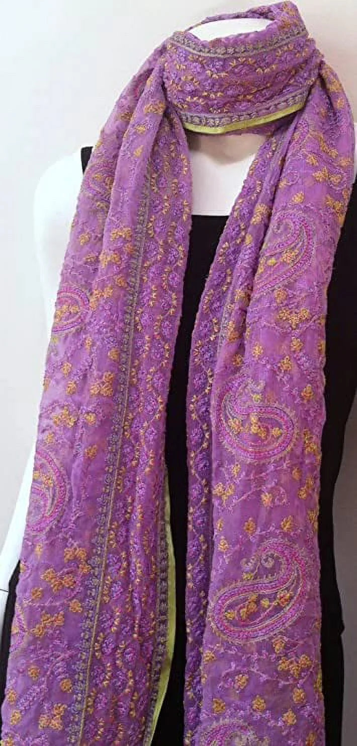 Chiffon silk lavender light purple big scarf, neck wear, wrap, intricate delicate embroidered fabric, sofa throw new