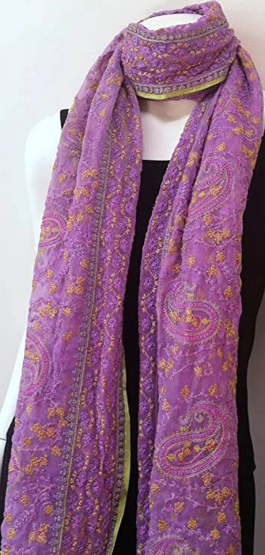 Chiffon silk lavender light purple big scarf, neck wear, wrap, intricate delicate embroidered fabric, sofa throw new