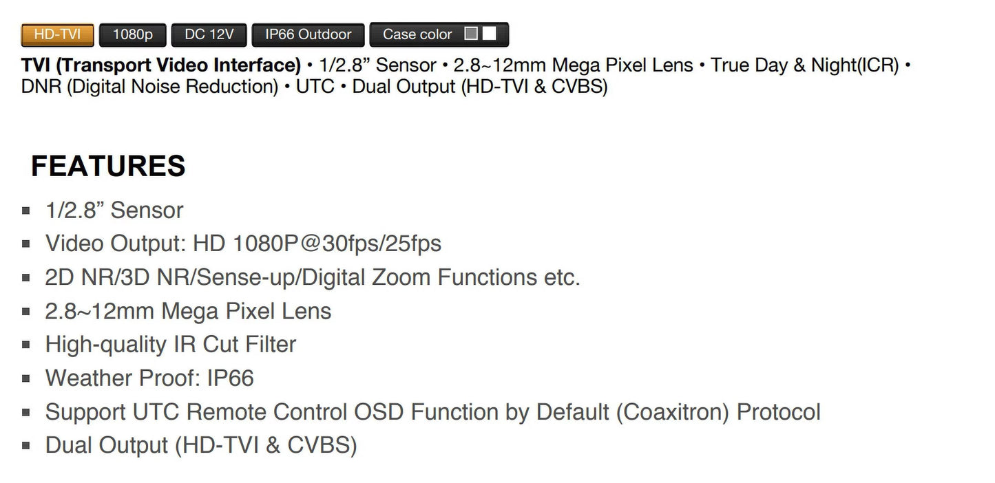 Eyemax tir-1712v-w hd-tvi 2mp outdoor bullet camera, 2.8-12mm, 72 ir led 12v dc, sense-up