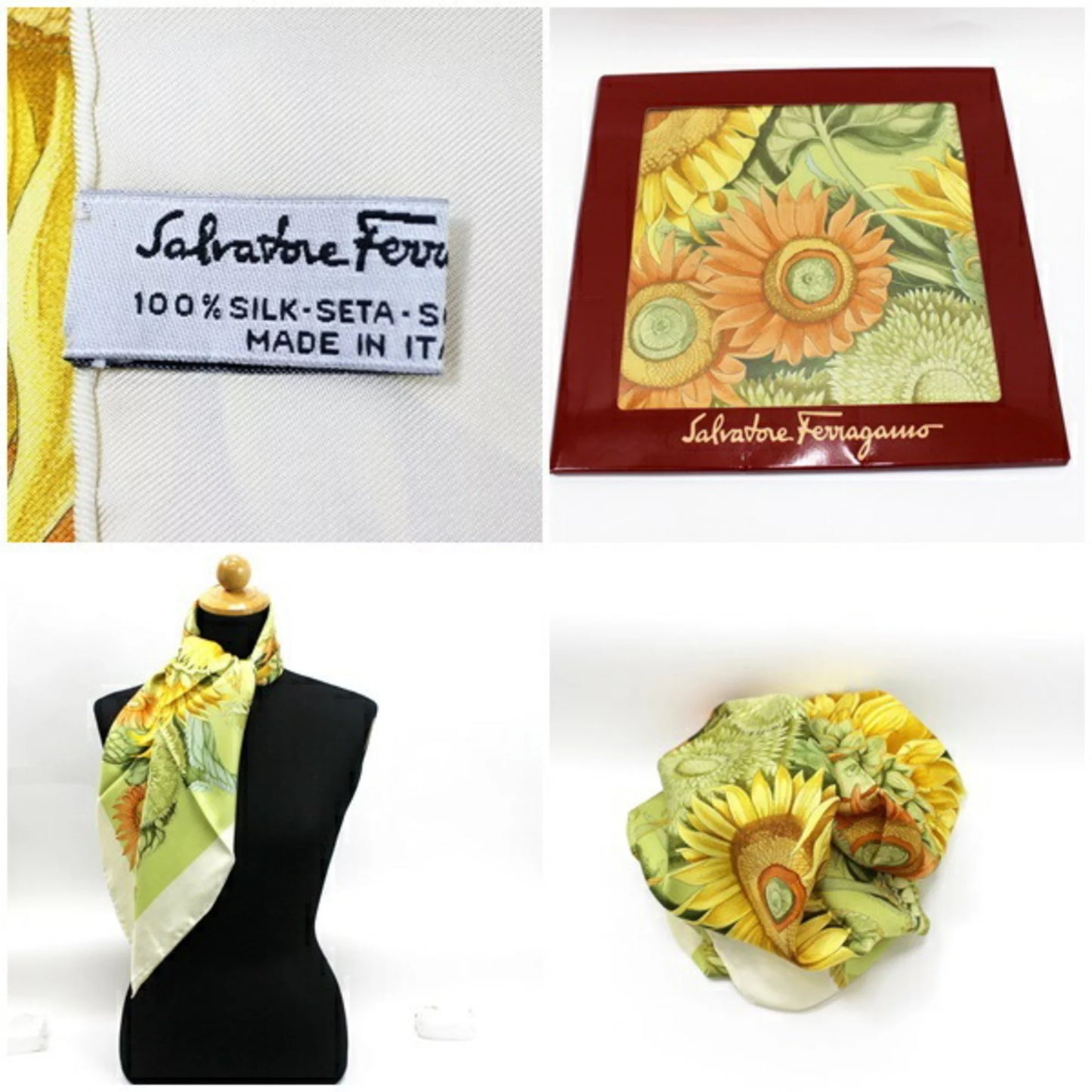 Pre-owned salvatore ferragamo silk scarf sunflower women's large size (like new)