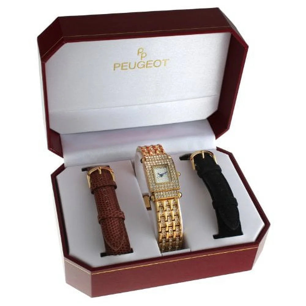 Peugeot women's 691g crystal-accented gold-tone watch with two interchangeable leather bands