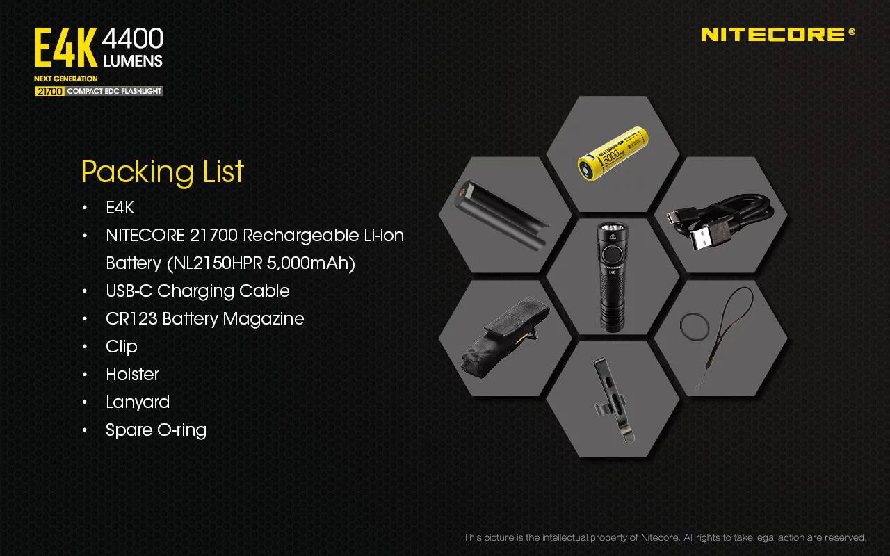 Combo: nitecore e4k flashlight -1x nitecore 21700 rechargeable li-ion battery included w/offset mount