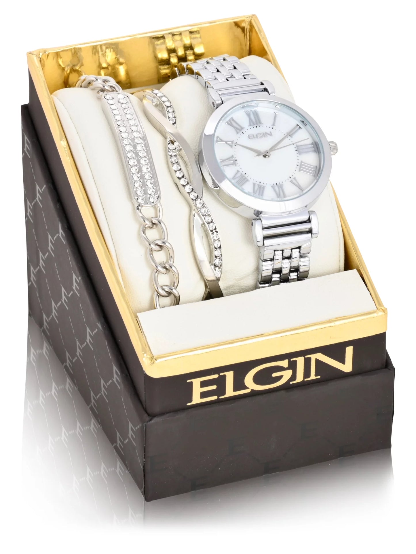 Elgin adult female analog watch set with round mother of pearl dial in silver - eg17004sst