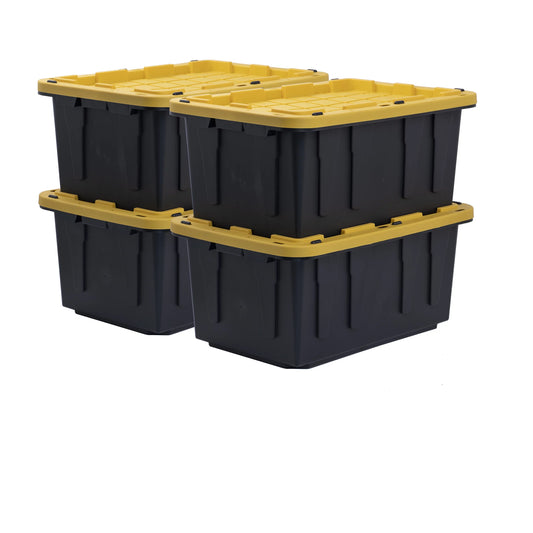 Tough box 17 gallon stackable snap lid plastic storage container, black with yellow lid, set of 4