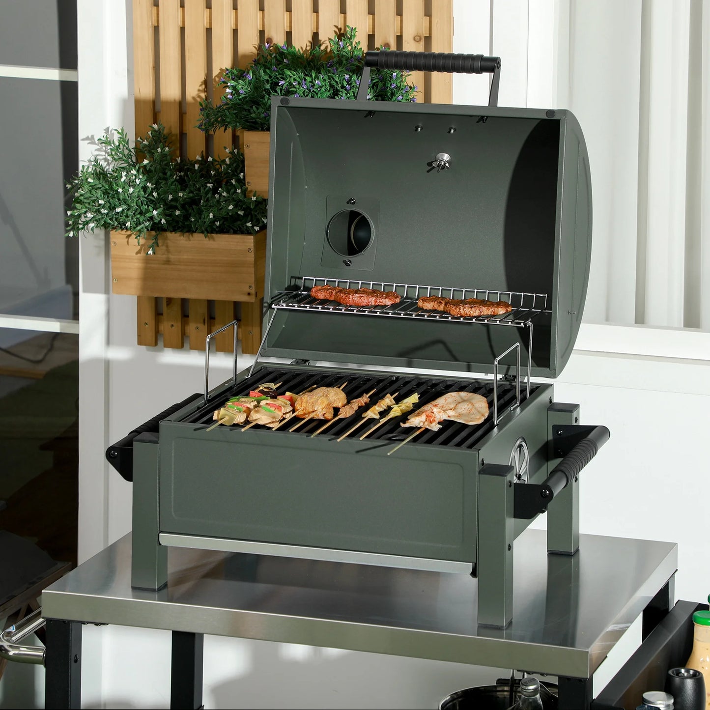 Outsunny tabletop charcoal bbq grill with lid, small barbecue, green