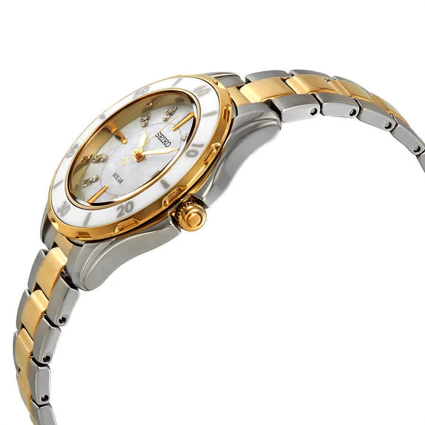 Seiko sut338 solar two tone diamond accent mother of pearl dial women's watch