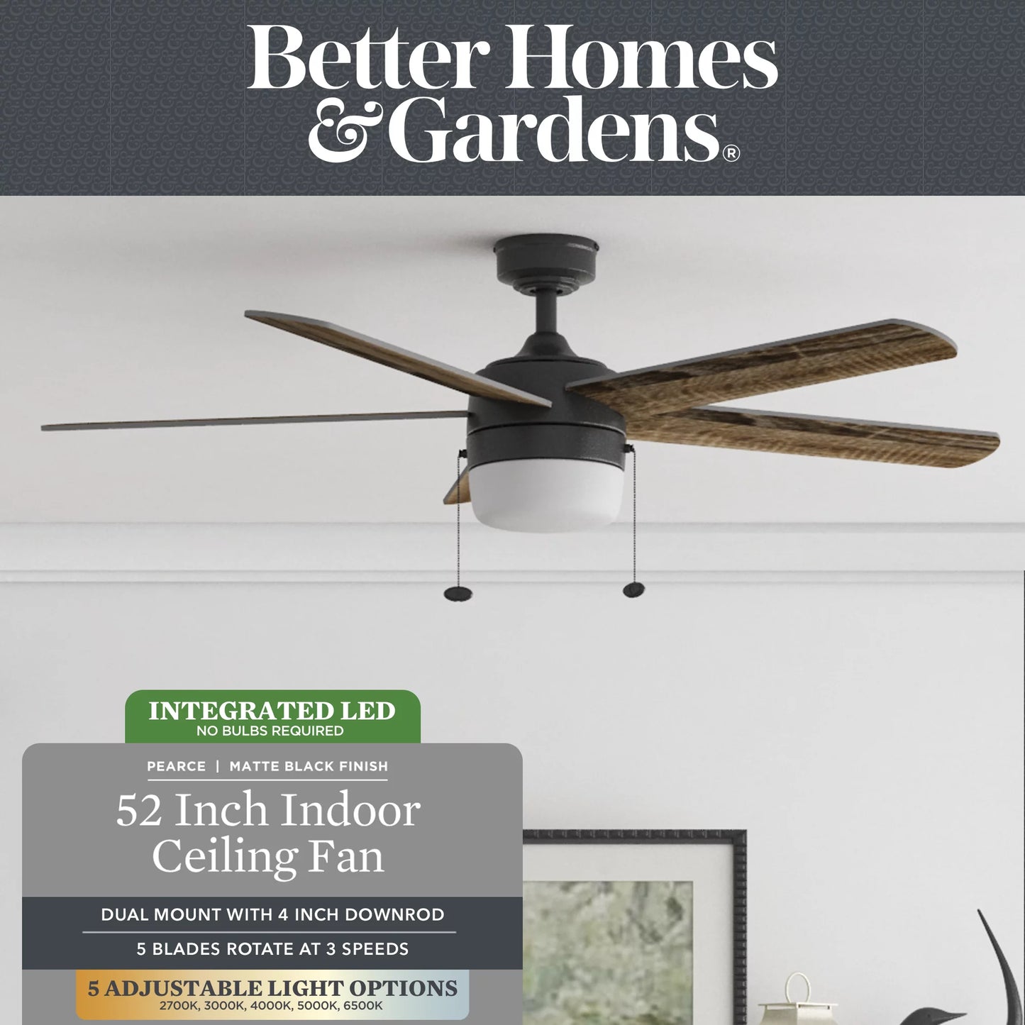 Better homes & gardens 52" pearce black indoor ceiling fan with light, adjustable color temperature & reverse airflow