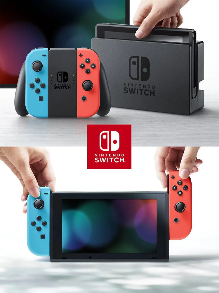 New nintendo switch 4 items bundle nintendo switch console with neon red and blue joy-cons, 128gb microsd, case, and 12-month family membership