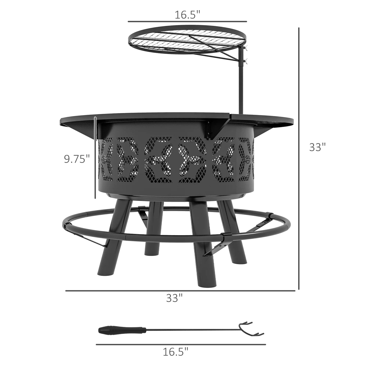 Capri 33" outdoor fire pit bbq grill wood burning firepit with adjustable cooking grate and poker, round, for backyard, patio, picnic, black