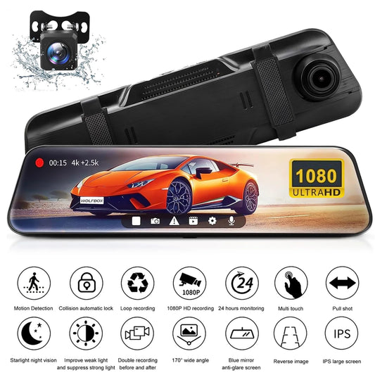 10inch ips screen dash cam front rear, 1080p full hd dash camera for cars, free 32gb card, night vision, 170°wide angle, wdr, 24h parking mode