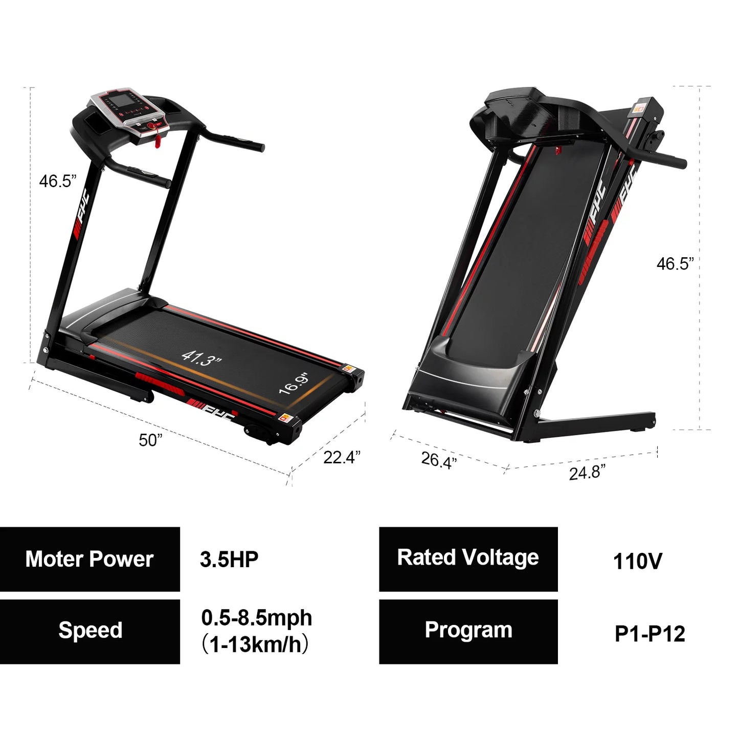 Pouseayar folding treadmills for home - 3.5hp portable foldable with incline, black