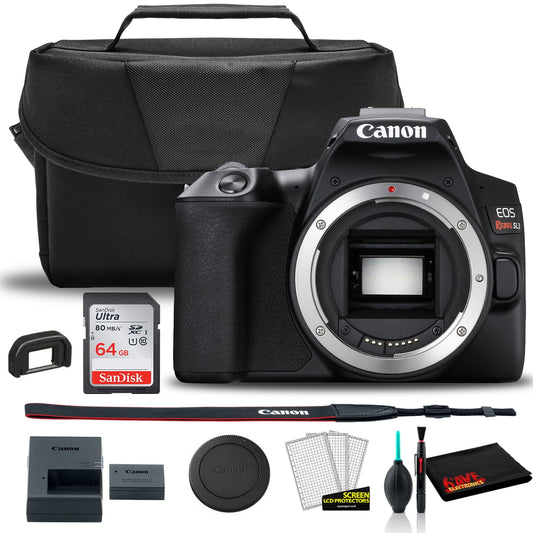 Canon rebel sl3 dslr camera (body + canon bag + sandisk 64gb card + care kit