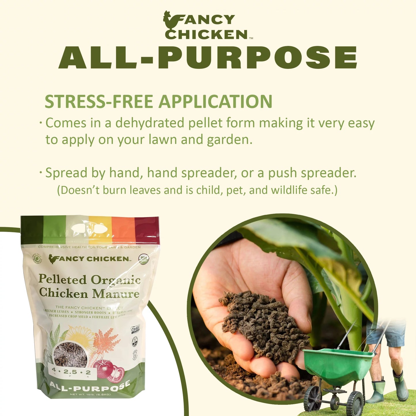 Fancy chicken 4-2.5-2 all-purpose pelleted organic chicken manure plant food for lawn and garden, usda organic, 15 lb