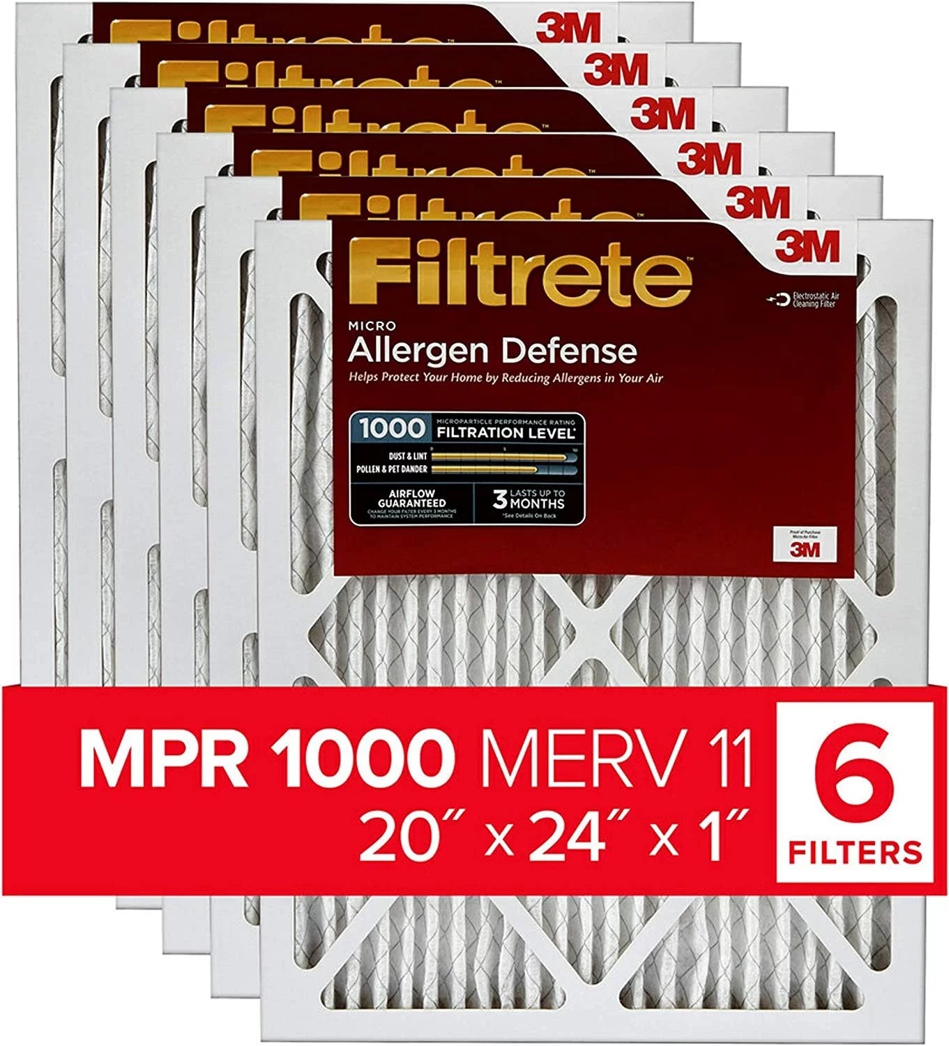 Filtrete 20x24x1 air filter mpr 1000 merv 11, allergen defense, 6-pack exact dimensions 19.81 x 23.81 x 0.81