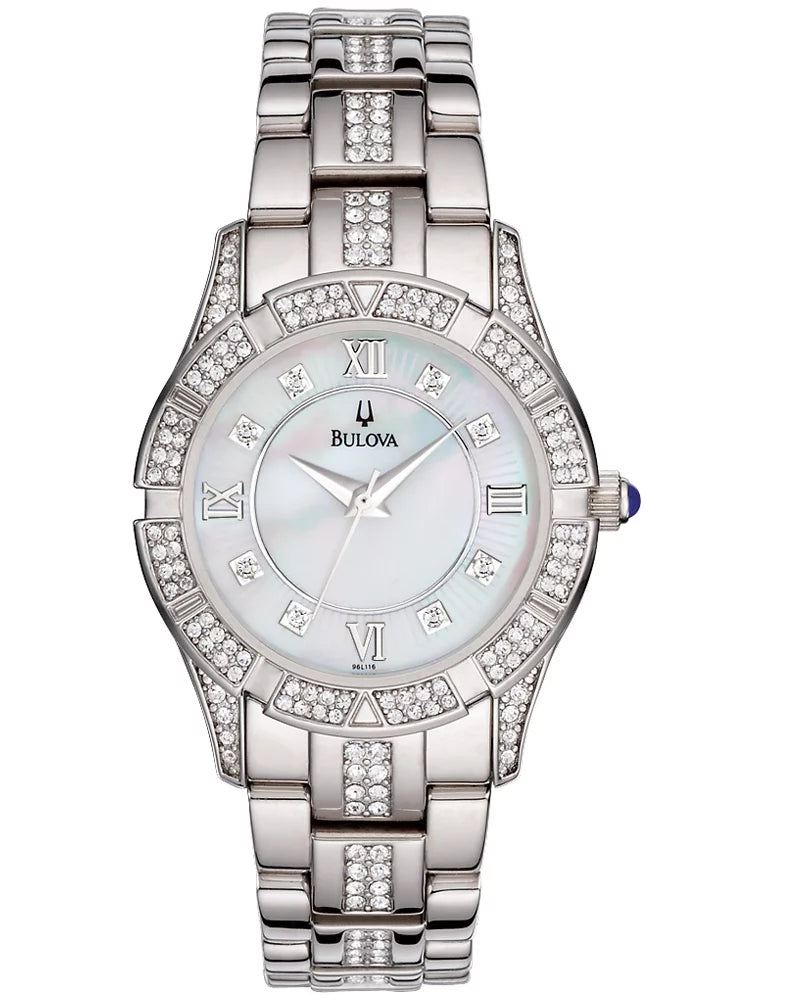 96l116 women's 31mm mother of pearl crystal stainless steel watch